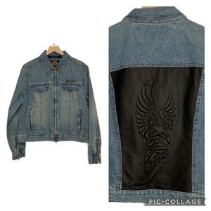 Vintage Harley-Davidson XL Women’s Jean Jacket Leather Back Panel Biker Moto